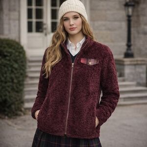 Pendleton Burgundy Sherpa Wool Zip Airlight Sweater Jacket Preppy Academia L